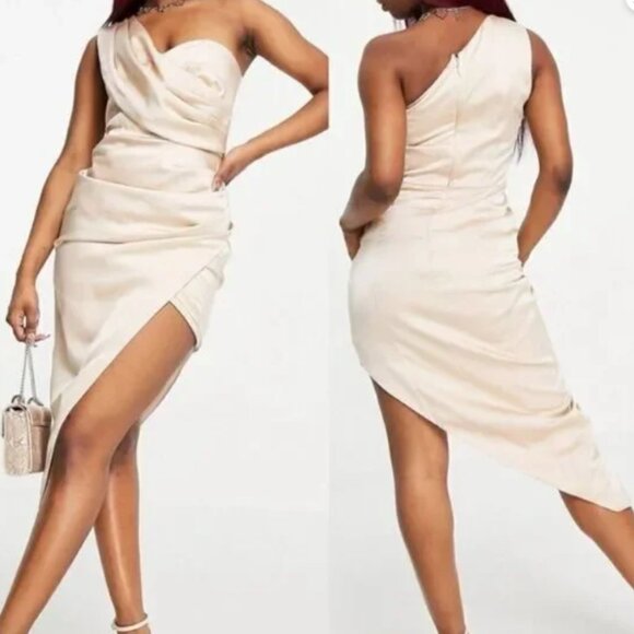 Lavish Alice * One-Shoulder Faux Wrap Dress * Champagne – Size 10 - Picture 1 of 6